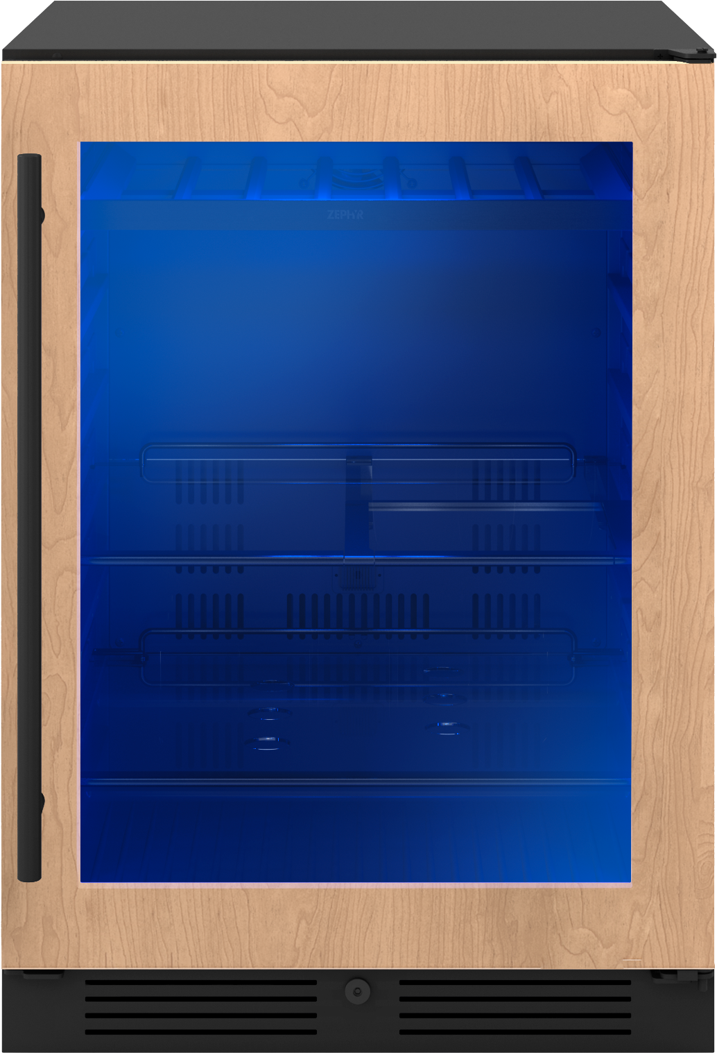 Panel-ready beverage cooler with wood trim, glass door, and blue interior lighting in Refrigerators and Kitchen & Kitchenware collections