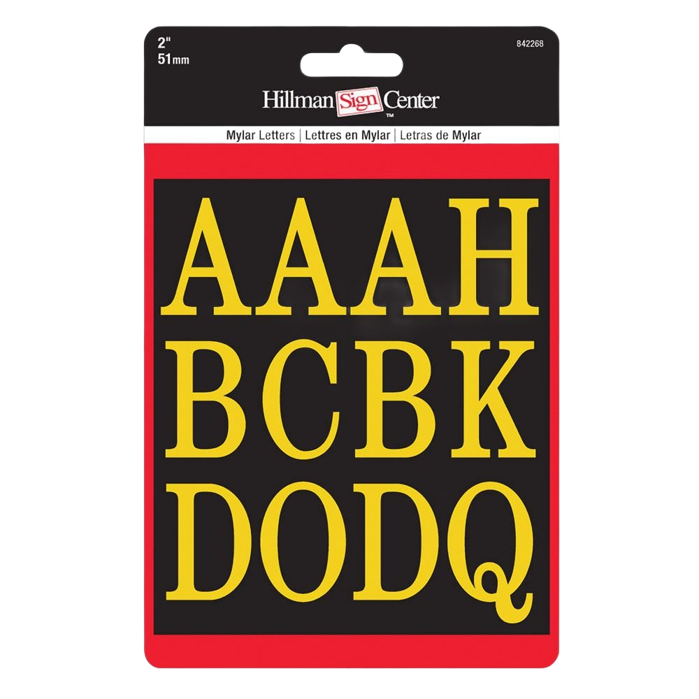Packaged set of black and gold mylar letter stickers in various uppercase alphabet characters