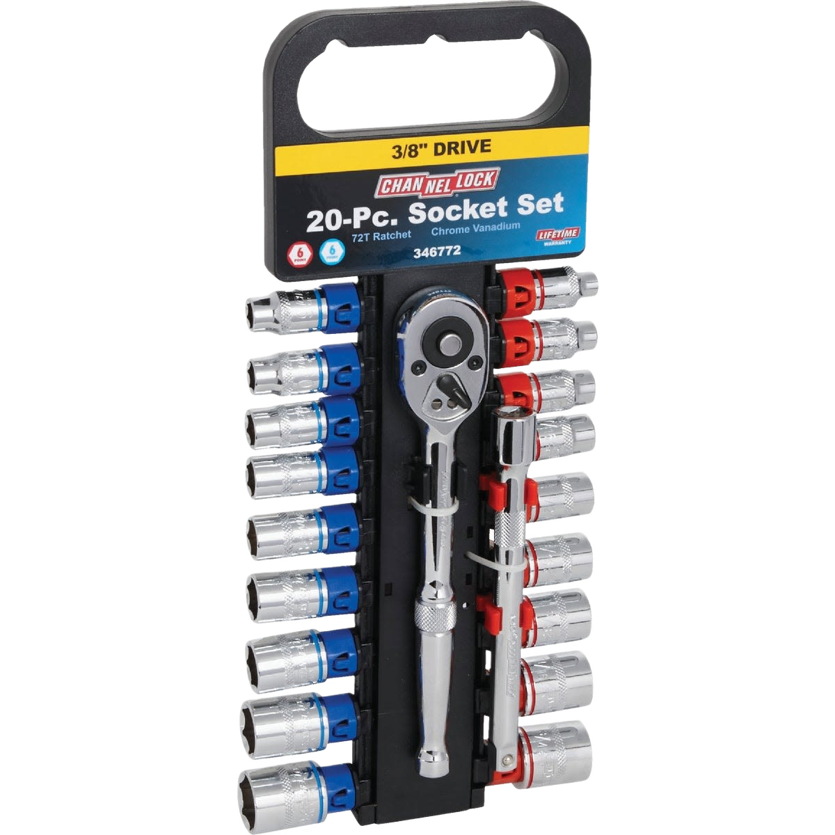 20-piece 3/8" drive ratchet and sockets with color-coded bands in a black tool organizer for hand and woodworking tools.