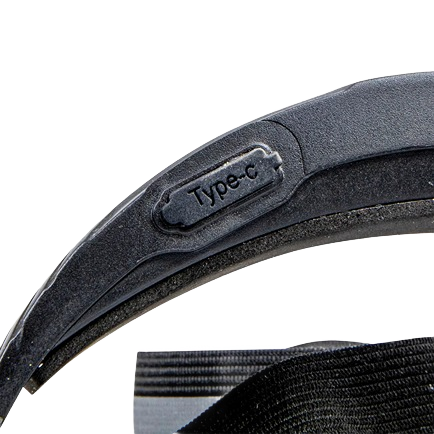 Close-up of black rechargeable headlamp showing Type-C charging port cover for home improvement and tools use