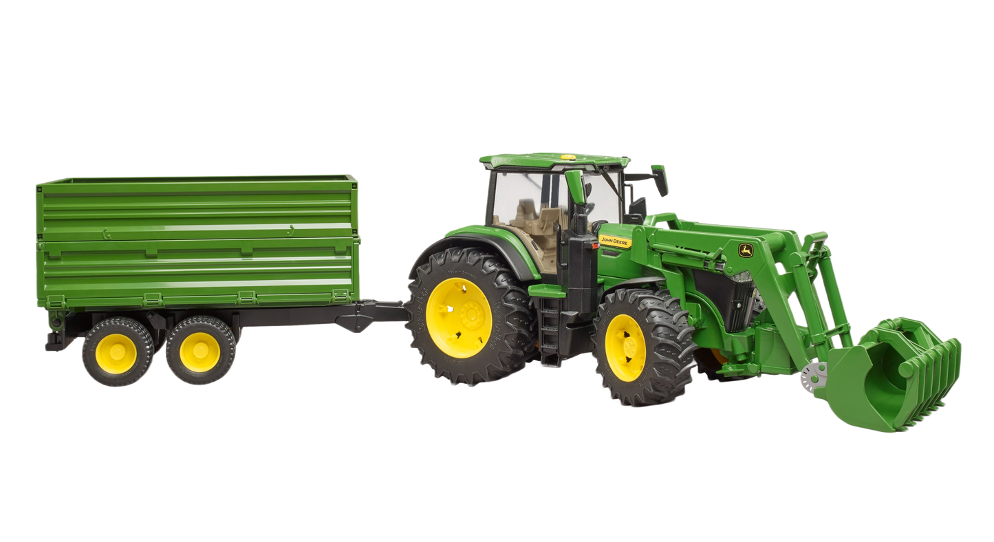 Green toy tractor model with front loader and tipping trailer for farm and garden imaginative play sets