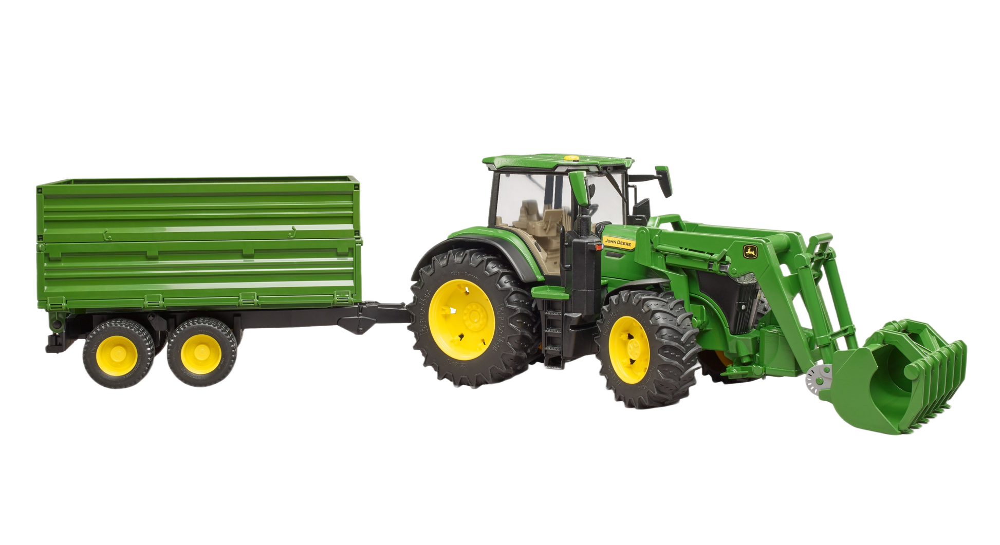Green toy tractor model with front loader and tipping trailer for farm and garden imaginative play sets