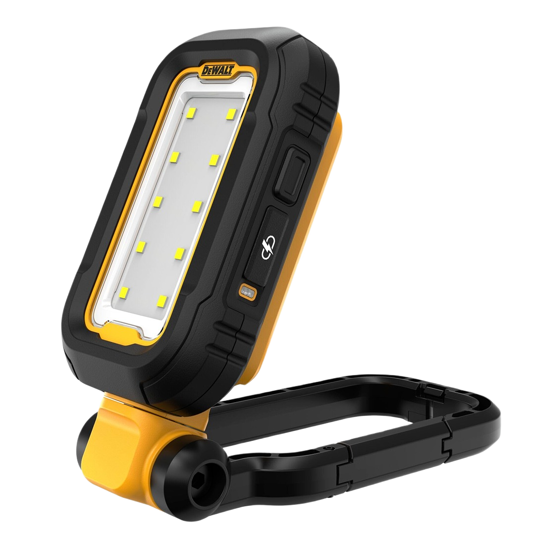 Compact rechargeable LED task light with durable black and yellow housing and adjustable stand for hands-free use