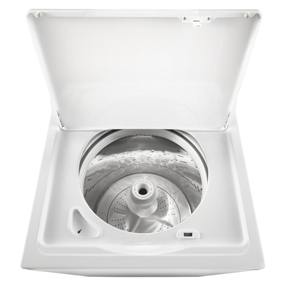 White top load washer with open lid showing stainless steel wash basket and high-efficiency agitator from appliances collection