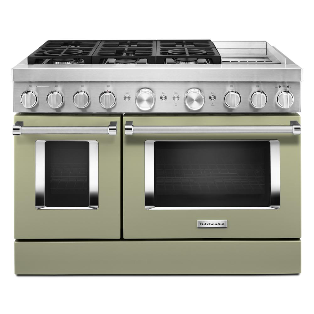 commercial-style dual fuel range with six burners, electric griddle, and two ovens in green and stainless steel finish