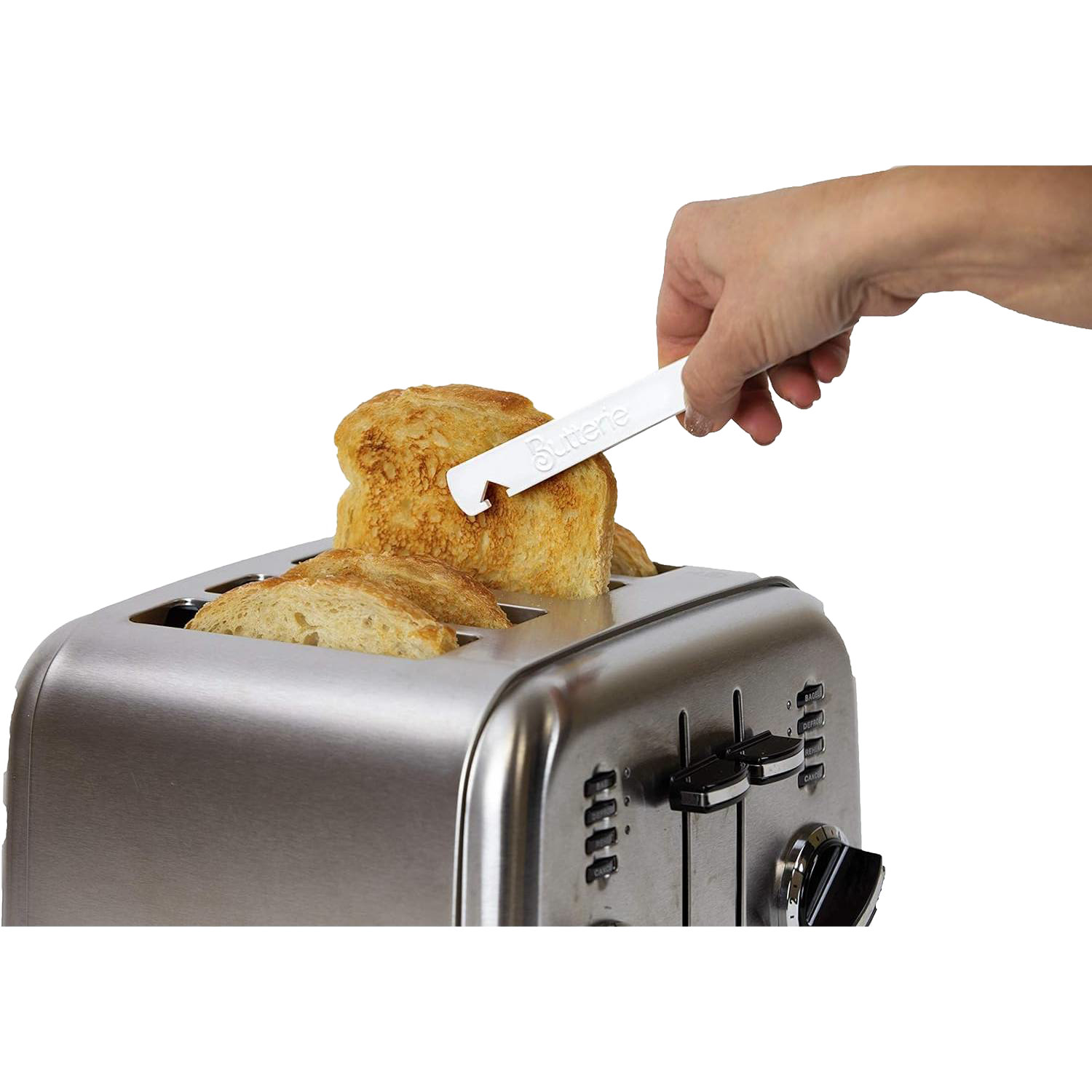 White heat-resistant toaster tongs with serrated grip and oven rack hook for safe kitchen storage under $50 collections