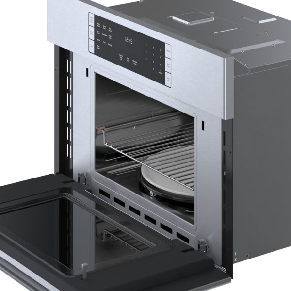 Stainless steel 30-inch speed oven with open door and digital touch controls in Bosch kitchen appliances collections