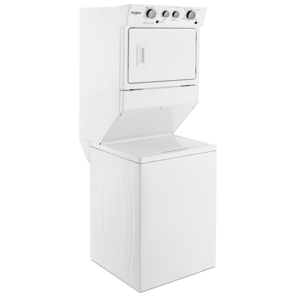 White gas stacked laundry center with top load washer and front load dryer featuring nine wash cycles and AutoDry™, part of appliance laundry centers at Hartville Hardware.