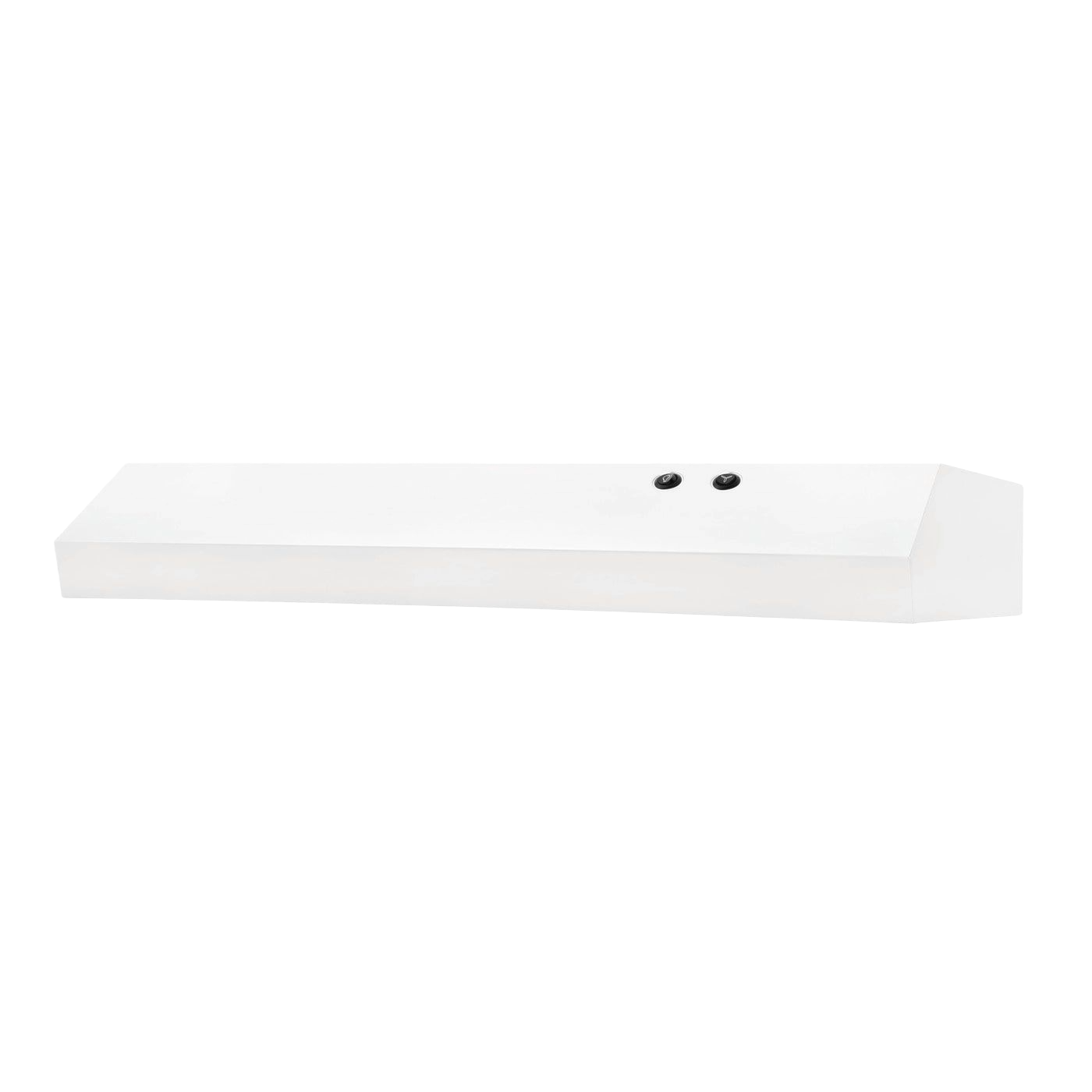 White overhead range hood with two control knobs, designed for kitchen improvement and appliances collection