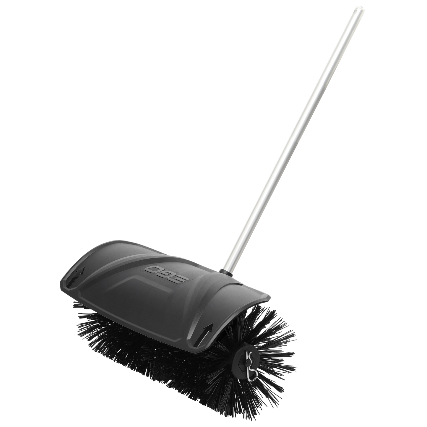 Bristle brush attachment with black bristles and long handle for outdoor power equipment in lawn and garden tools