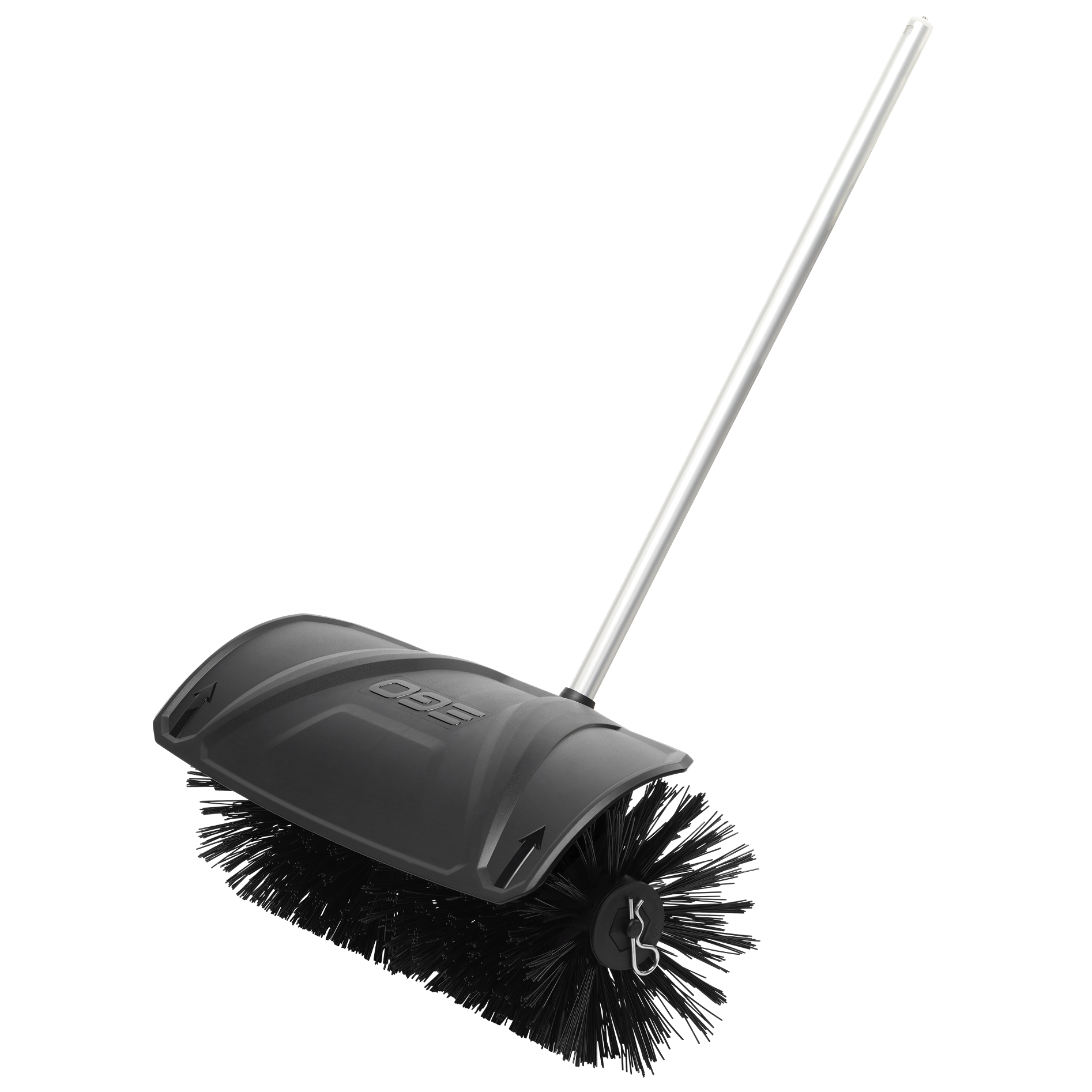 Bristle brush attachment with black bristles and long handle for outdoor power equipment in lawn and garden tools
