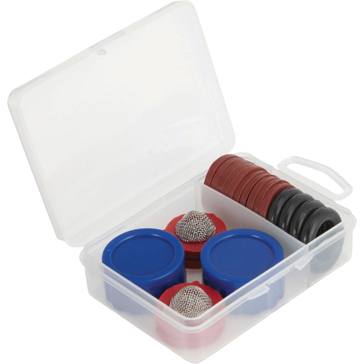Compact clear plastic case with red and black rubber washers and blue metal hose filters for gardening tools collections