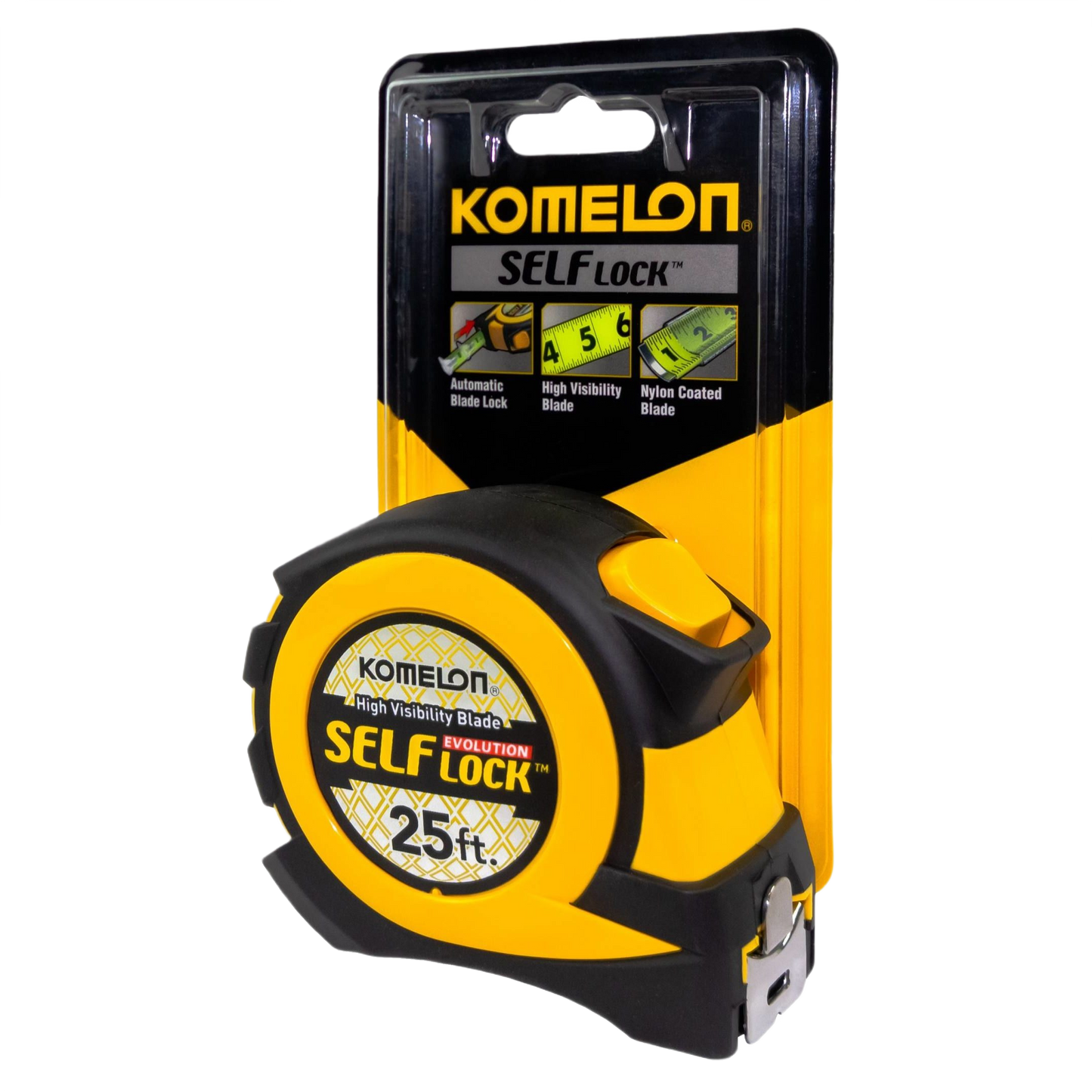Yellow and black Komelon 25-foot tape measure with nylon coated blade, self-locking feature for measuring and woodworking tools