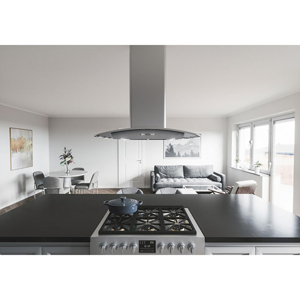 Sleek stainless steel island range hood with curved glass and LED lighting above modern kitchen island cooktop