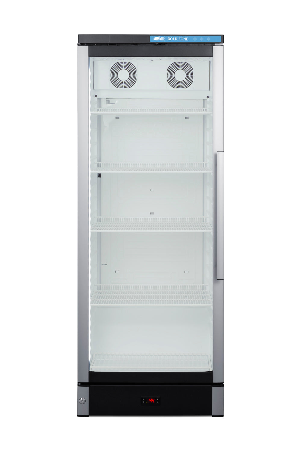 24" wide beverage center with glass door, multiple wire shelves, and digital temperature display in kitchen appliances collection