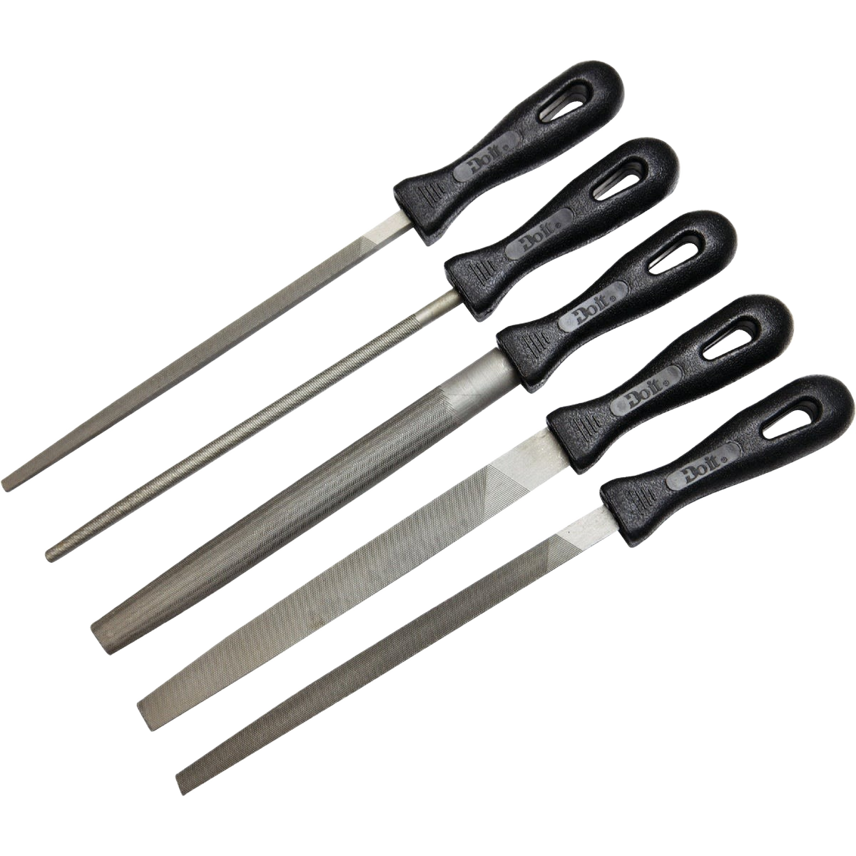 Set of five metal files with black ergonomic handles for precision shaping and smoothing in home improvement projects