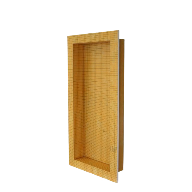Prefabricated beige waterproof shower niche with one shelf for tile flooring and home improvement projects