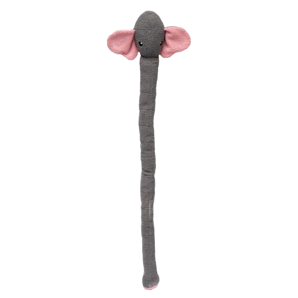 Gray and pink Sherpa fabric dog toy with long trunk, floppy ears, squeakers, and crinkle for pet play and cuddling