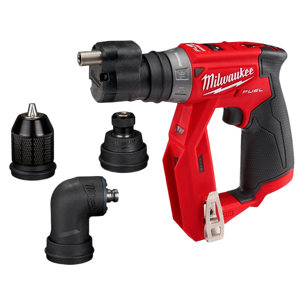 Red and black cordless compact drill driver with ergonomic grip and three interchangeable drill attachments for home improvement tasks