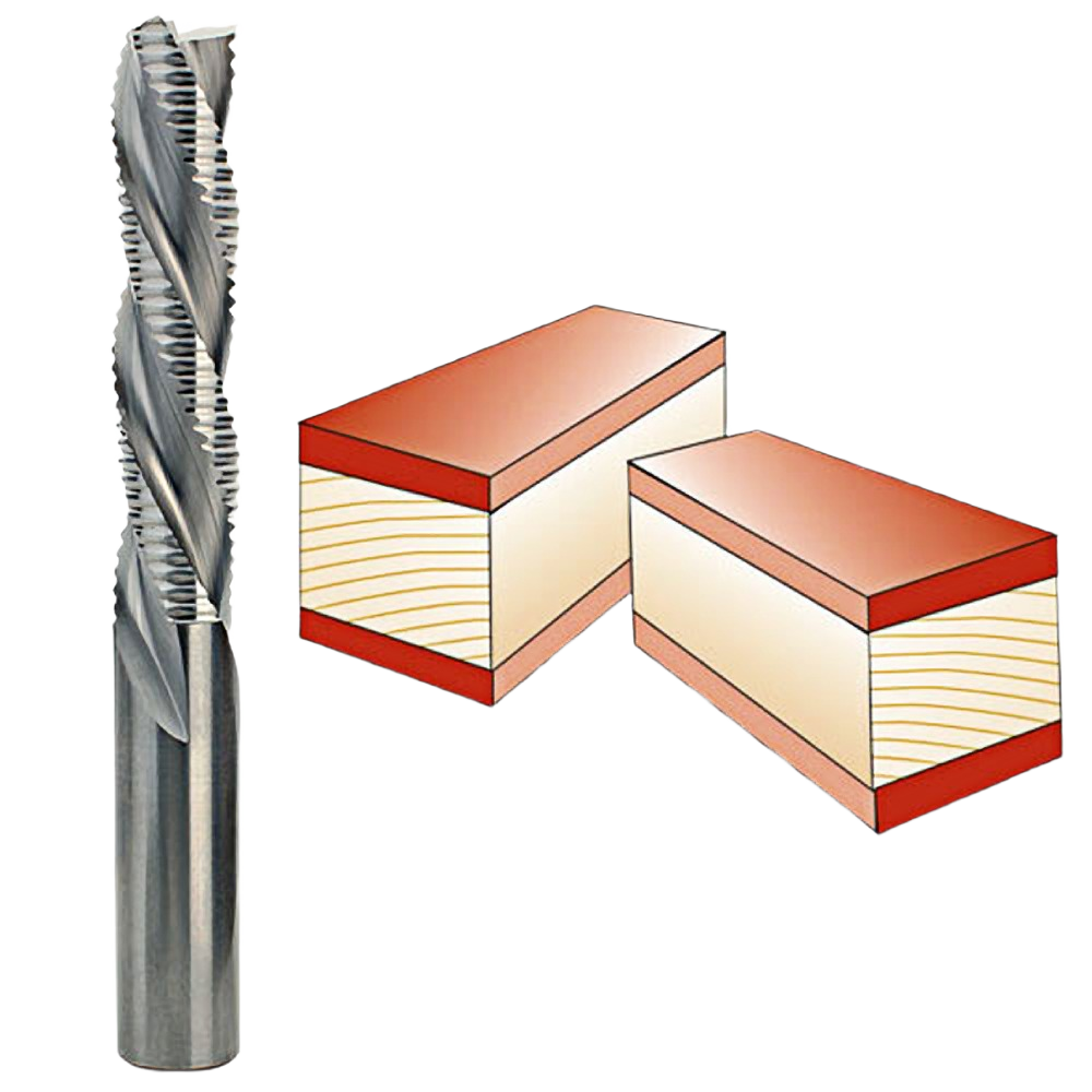 Spiral downcut roughing bit designed for precise cuts in hardwood, featured in tool accessories and power tool collections