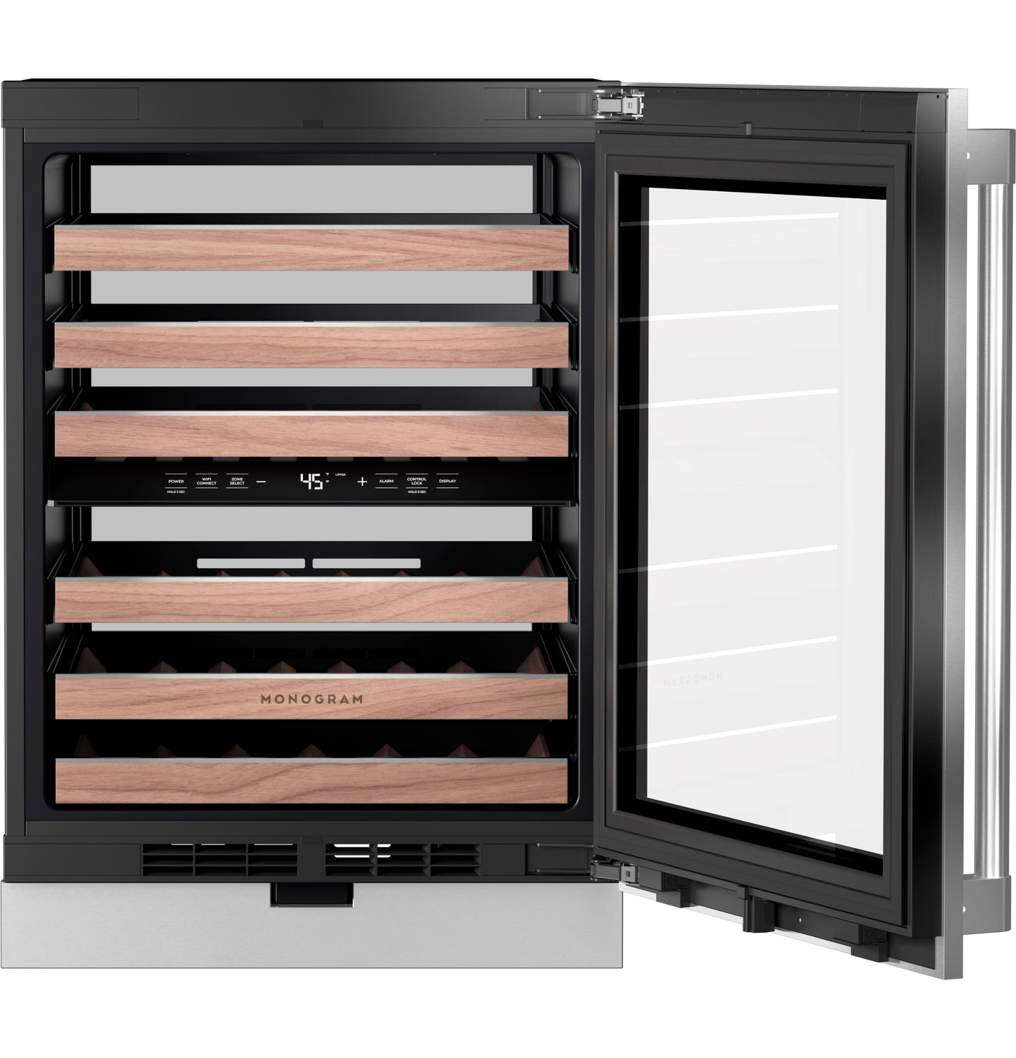 Open panel-ready wine reserve with wooden shelves and digital controls in beverage centers and kitchen appliances collection