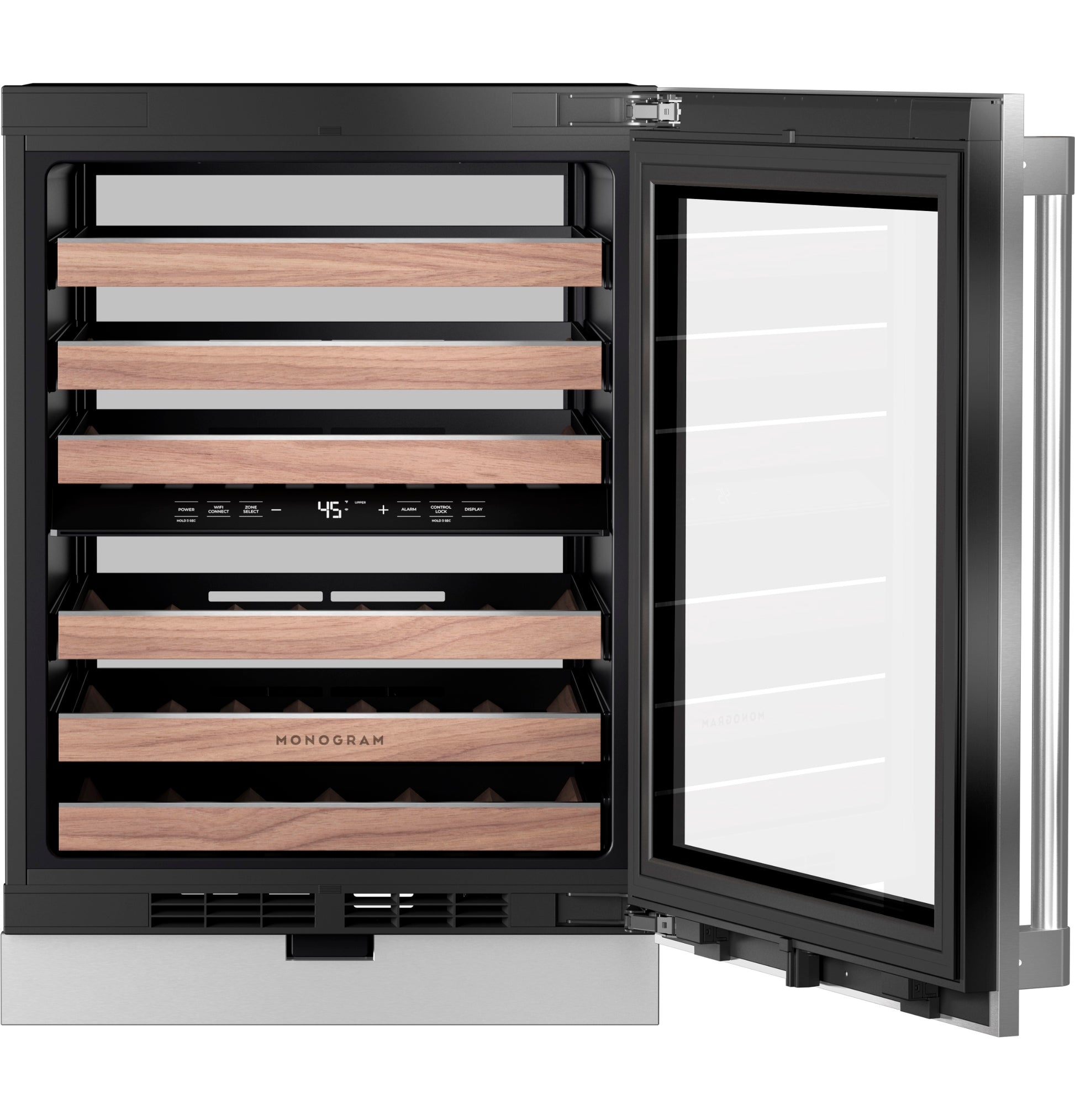 Open panel-ready wine reserve with wooden shelves and digital controls in beverage centers and kitchen appliances collection