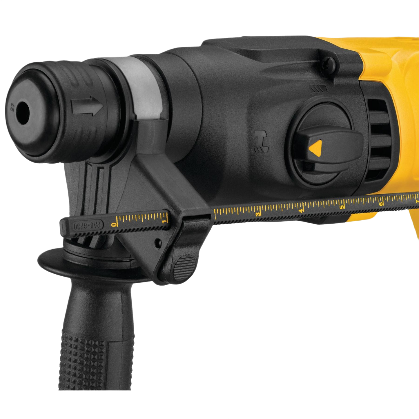 Black and yellow cordless rotary hammer drill with D-handle and adjustable depth gauge for tools and home improvement use