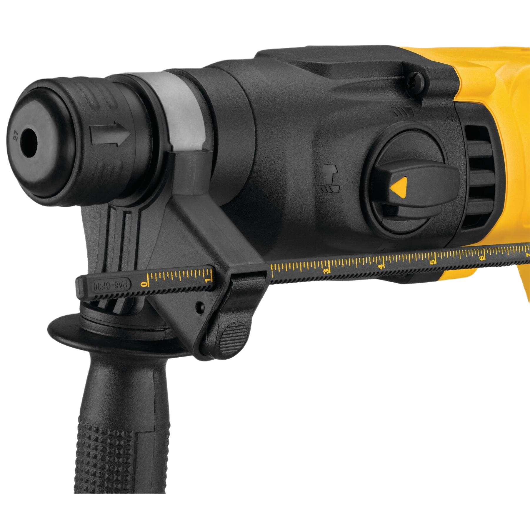 Black and yellow cordless rotary hammer drill with D-handle and adjustable depth gauge for tools and home improvement use
