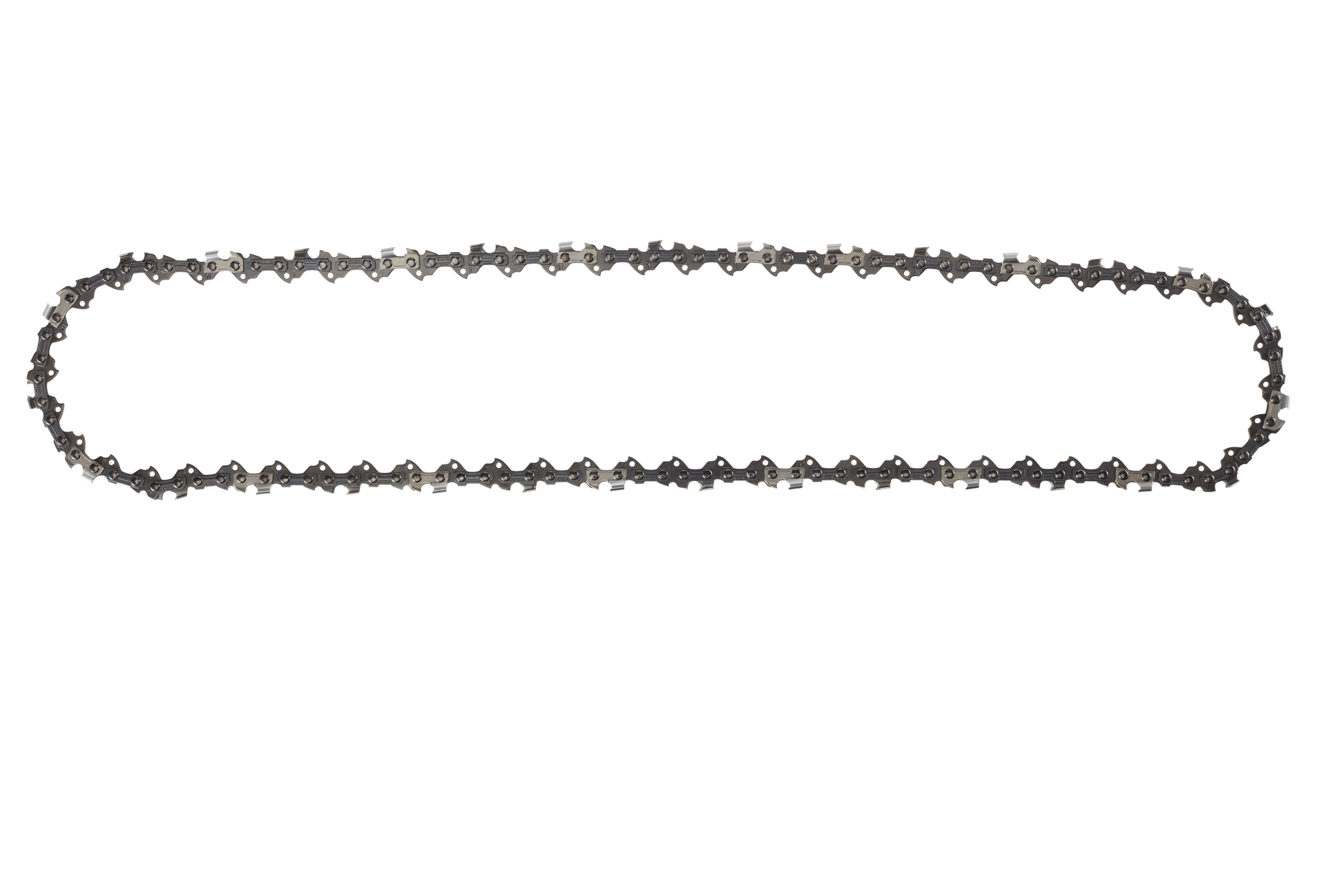 Silver-colored chainsaw chain designed for use with power saws, part of saw accessories and tool collections