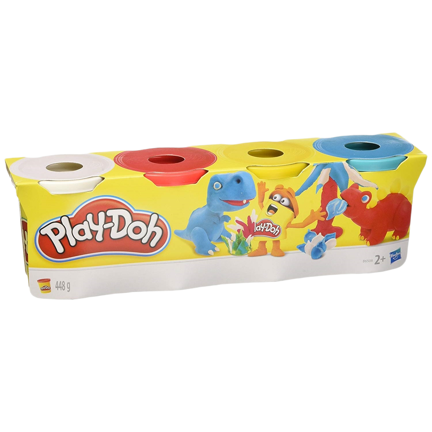 Pack of four colorful modeling compound containers with playful dinosaur-themed packaging design