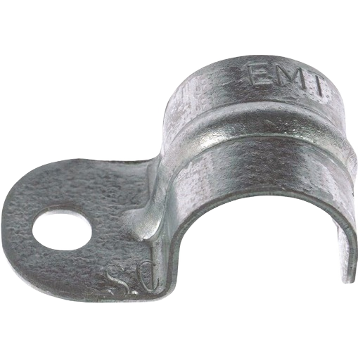 Galvanized metal EMT conduit strap with a single hole designed for secure electrical conduit installation tasks