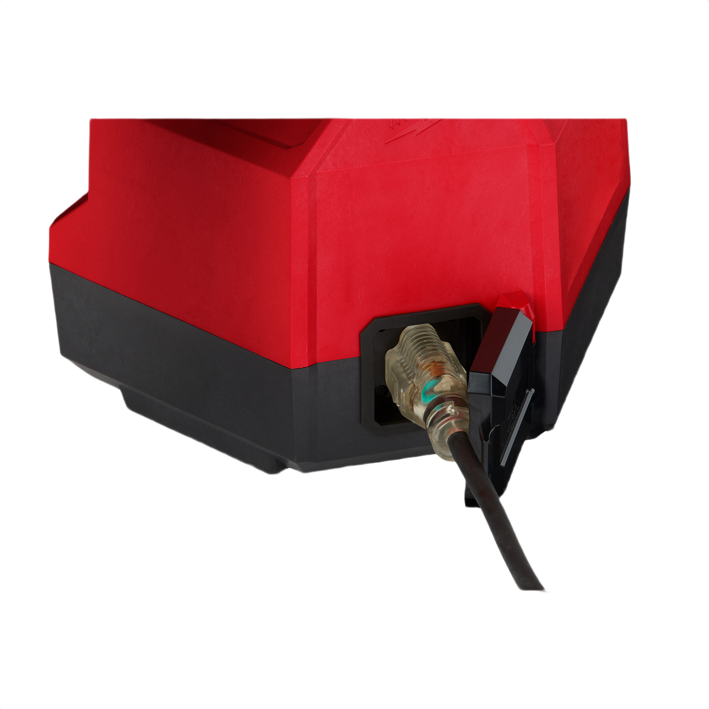 Close-up of red and black Milwaukee M18™ ROCKET™ Tower Light/Charger base with power cord connected for work lights collection