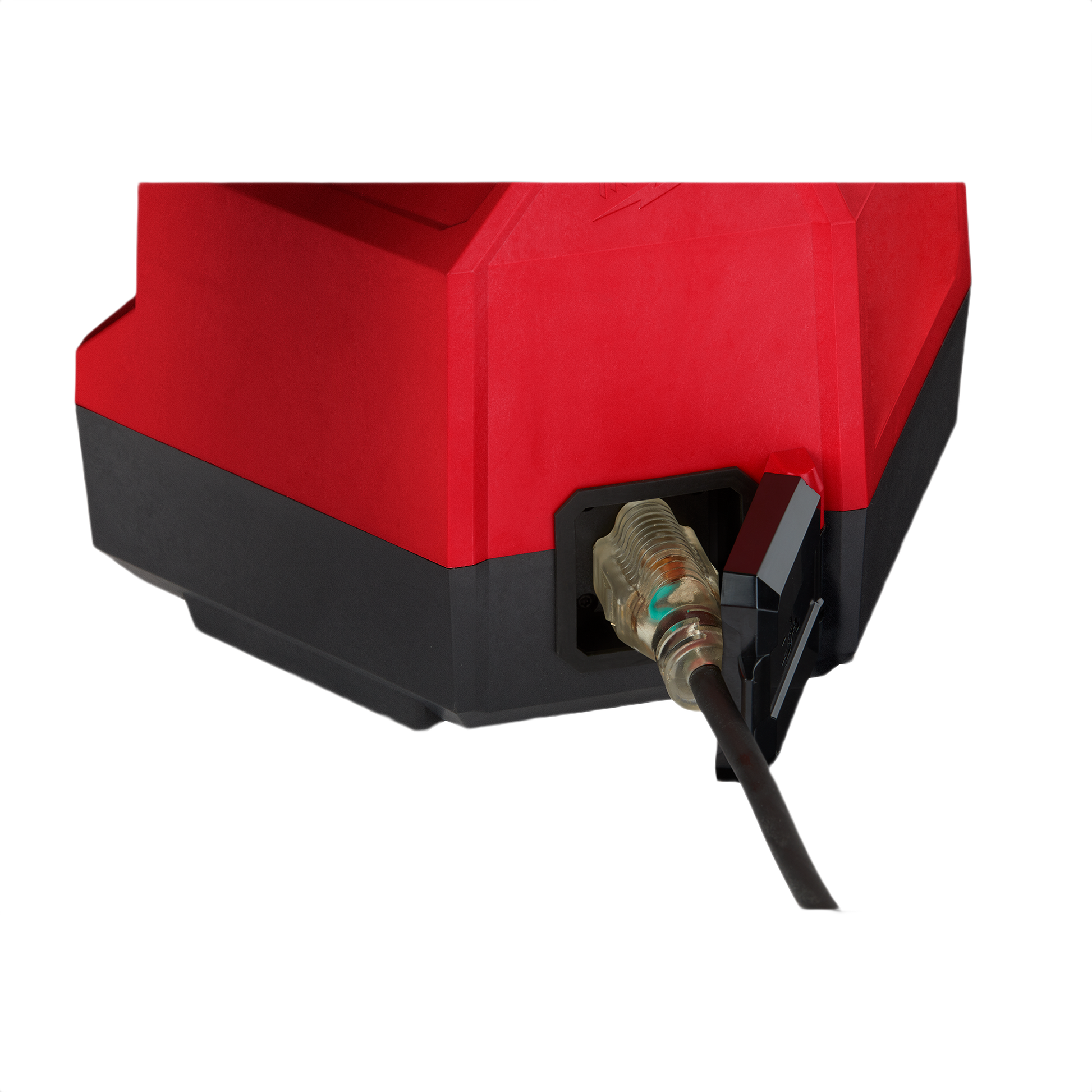 Close-up of red and black Milwaukee M18™ ROCKET™ Tower Light/Charger base with power cord connected for work lights collection