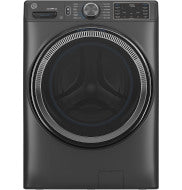 Front load smart washer in dark finish with large circular door and digital control panel for home laundry appliances collection