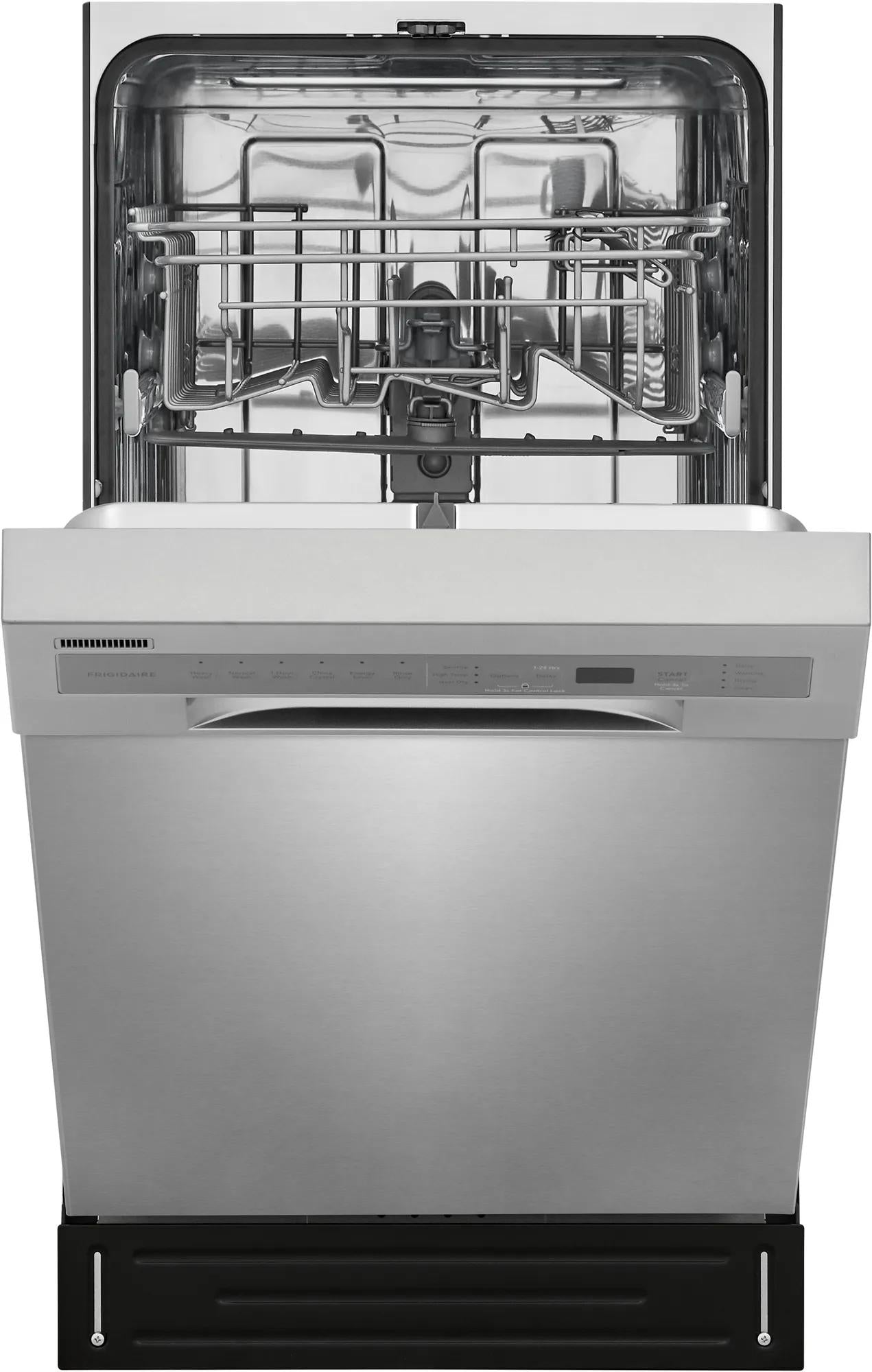 Open stainless steel 18-inch built-in dishwasher with digital controls and dual spray arms from kitchen appliances collection