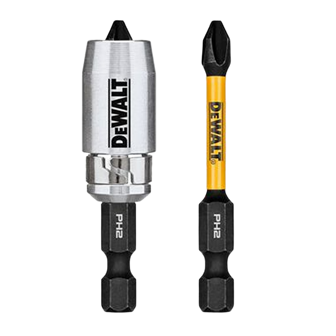 Two DEWALT impact-ready PH2 drill bits with a yellow shaft and metal sleeve for power tool accessories collection under $50