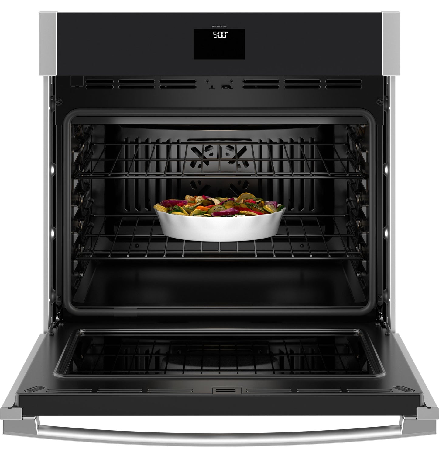 Open stainless steel convection wall oven with digital display and vegetable dish inside from single wall ovens collection