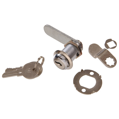 Zinc-plated utility cam lock with keys and mounting hardware for home improvement and tool applications