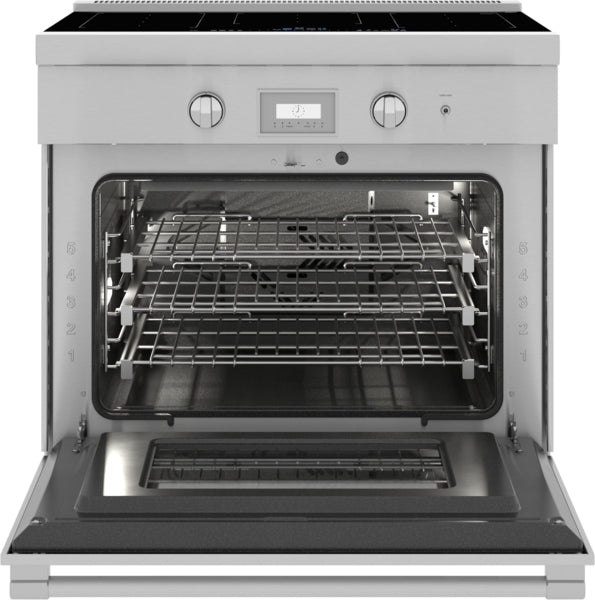 Stainless steel induction range with digital display, two control knobs, and three telescopic oven racks in kitchen appliances collection
