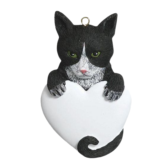 Black and white tuxedo cat ornament holding a white heart in Christmas Ornaments & Tree Decorations collection