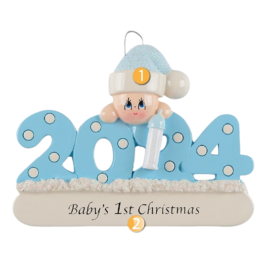 Blue 2024 baby's first Christmas ornament with baby figure in hat holding bottle for holiday decorations