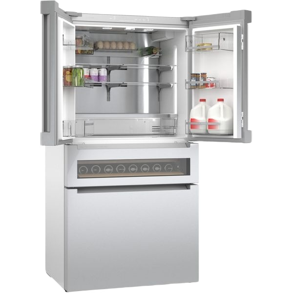 Open stainless steel French door refrigerator with bottom freezer and adjustable shelves in Bosch kitchen appliances collection