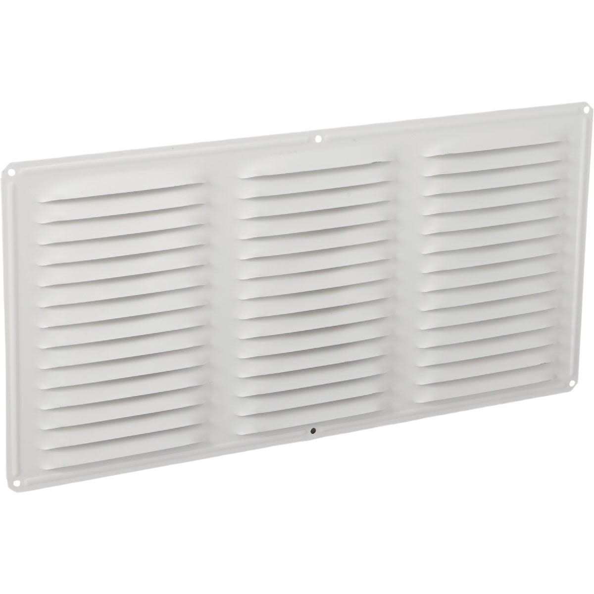 White aluminum vent panel with horizontal slats for under eave ventilation in home improvement projects