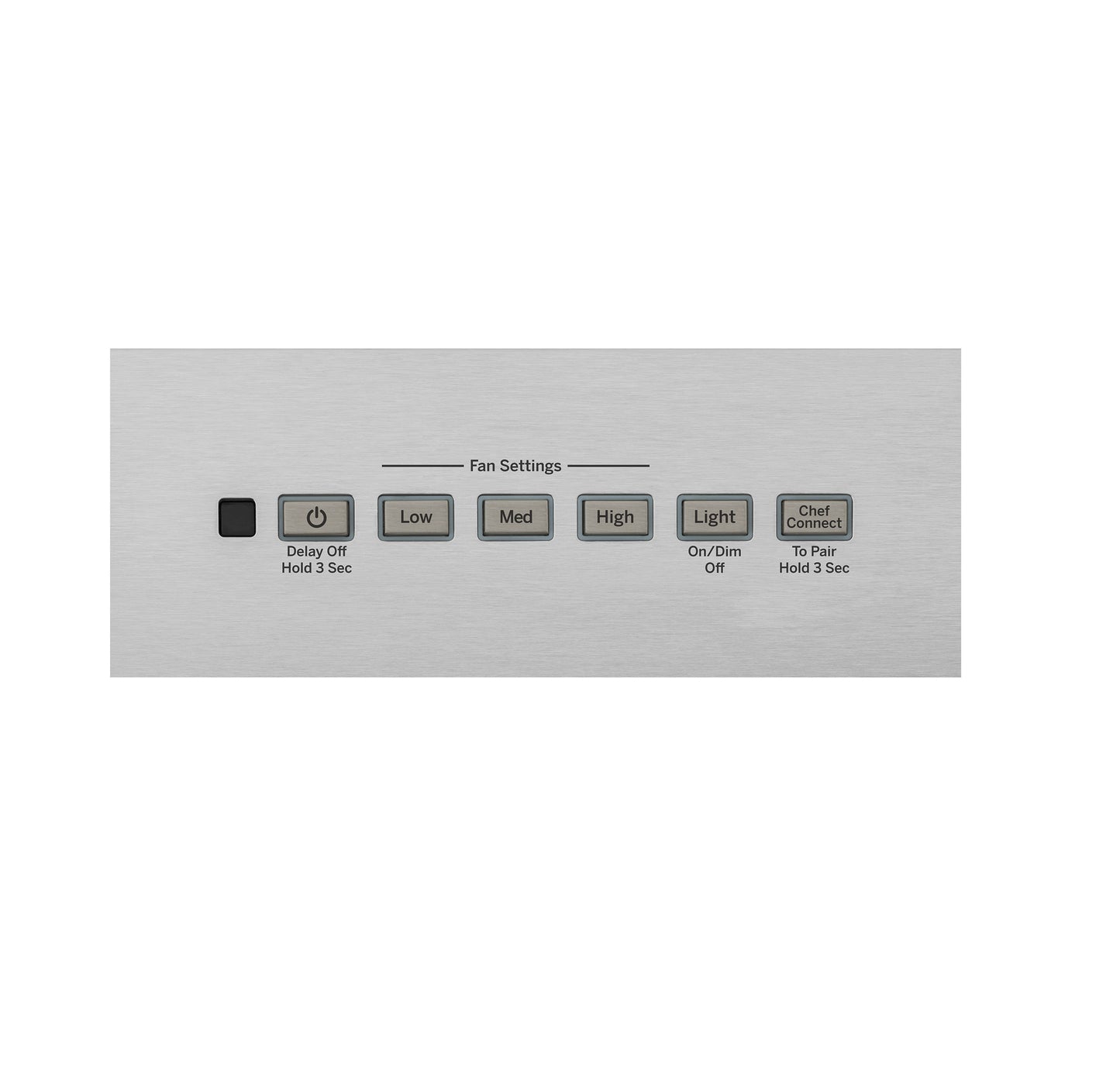 Stainless steel control panel with buttons for fan speed, light dimming, delay off, and smart connectivity features
