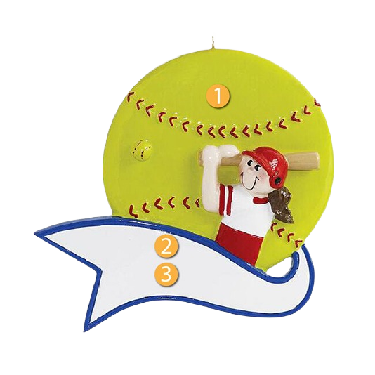 Personalized girl swinging bat in front of bright softball with customizable banner for Christmas tree decor under $50