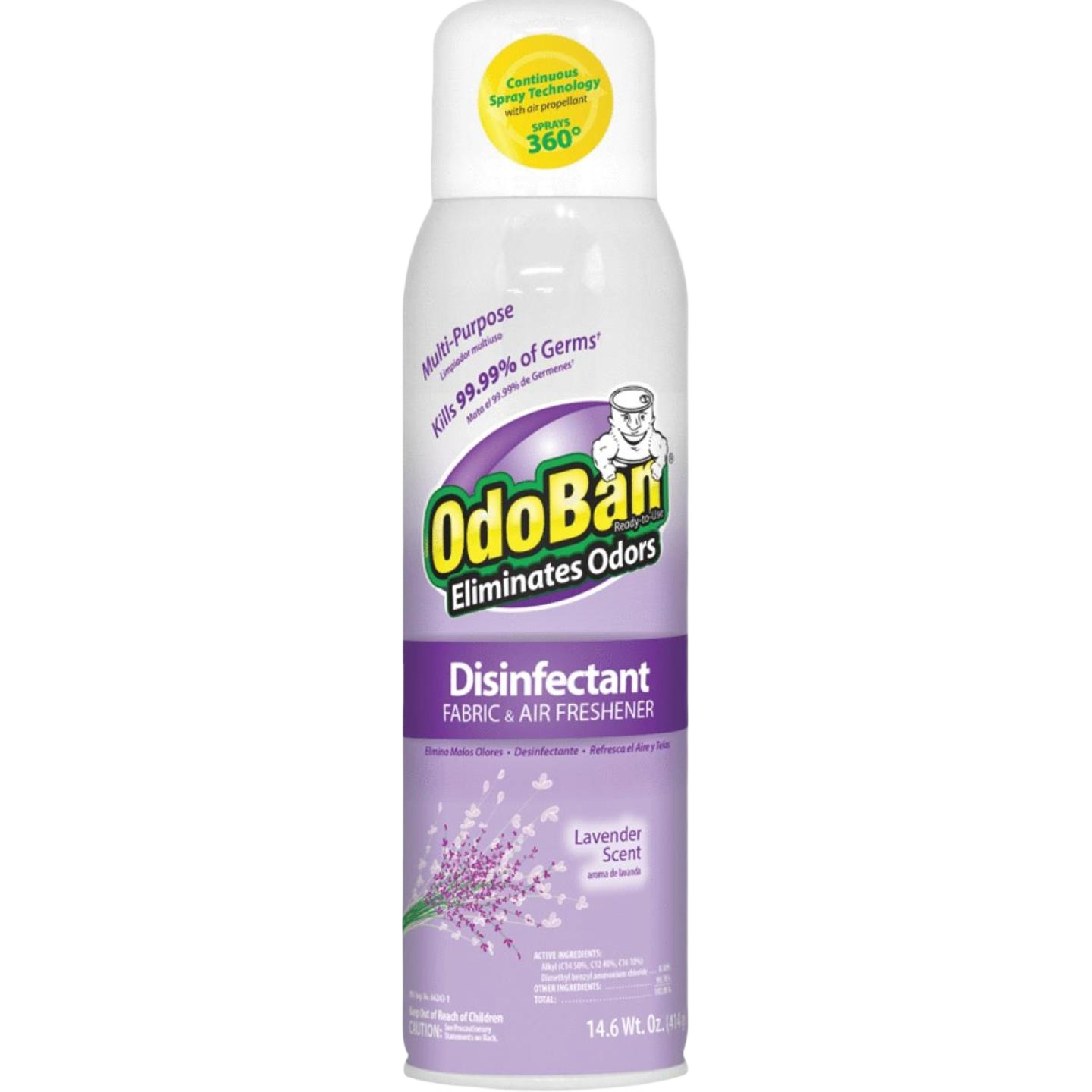 Purple aerosol disinfectant spray can for fabric and air freshening with lavender scent in household cleaning category