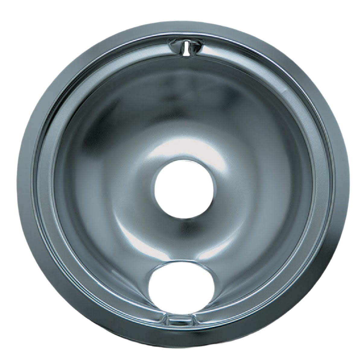 Round chrome drip pan with locking slots designed for electric ranges in kitchenware and kitchen gadget collections under $50