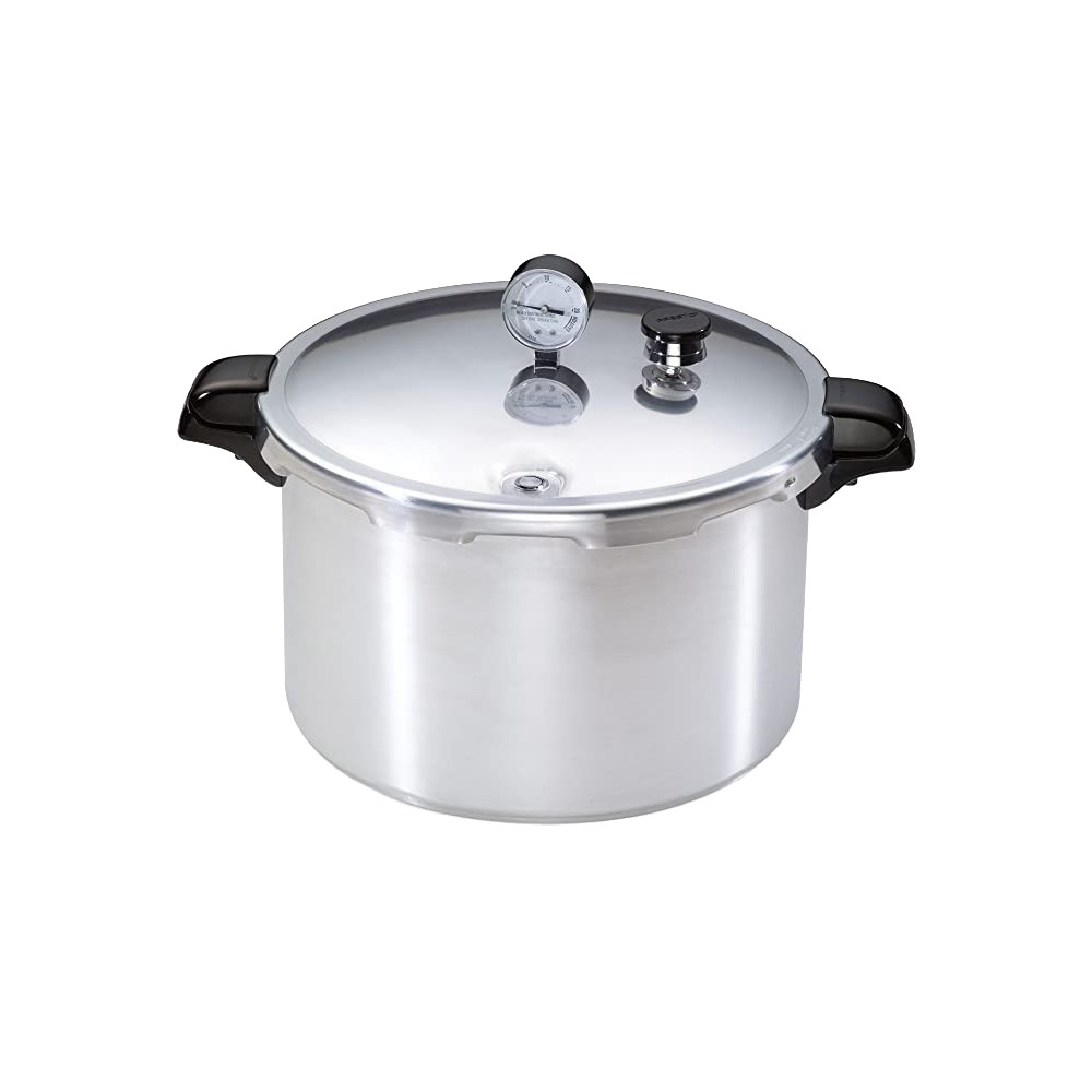16-quart aluminum pressure cooker with clear pressure gauge and black handles, part of kitchenware collection
