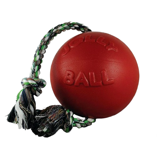 Durable red rubber ball with braided rope handle for interactive dog play in pet toys and supplies collections