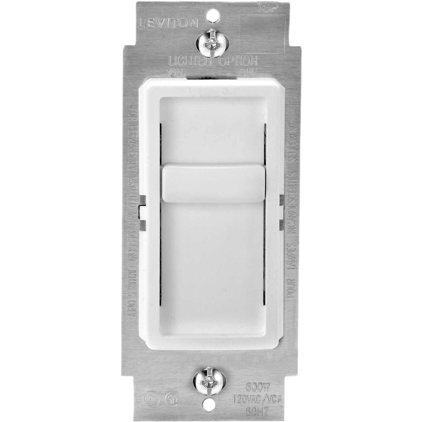 White universal slide dimmer switch with metal mounting plate for home improvement and electrical tools use